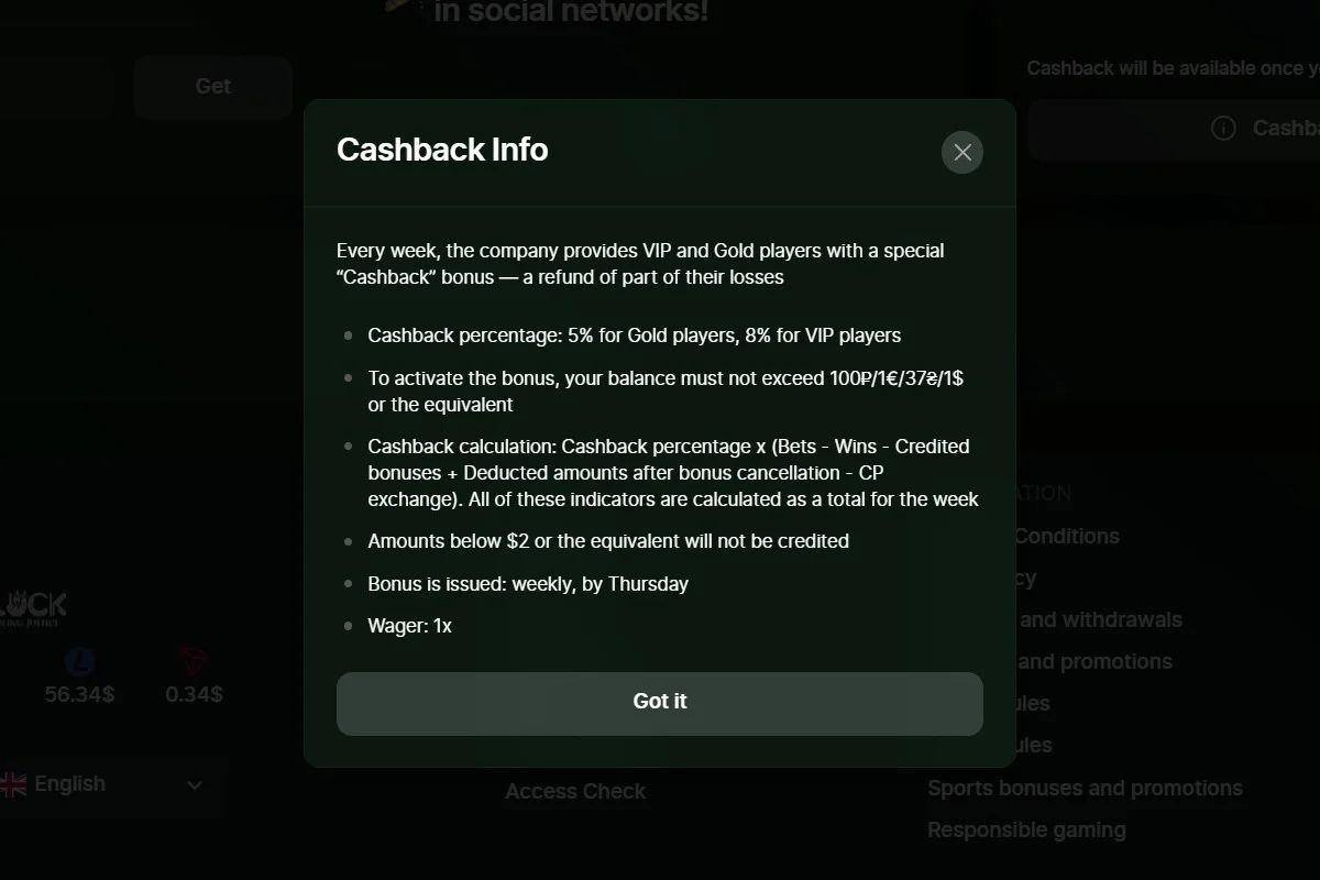 Live Riobet cashback promo page captured during verification