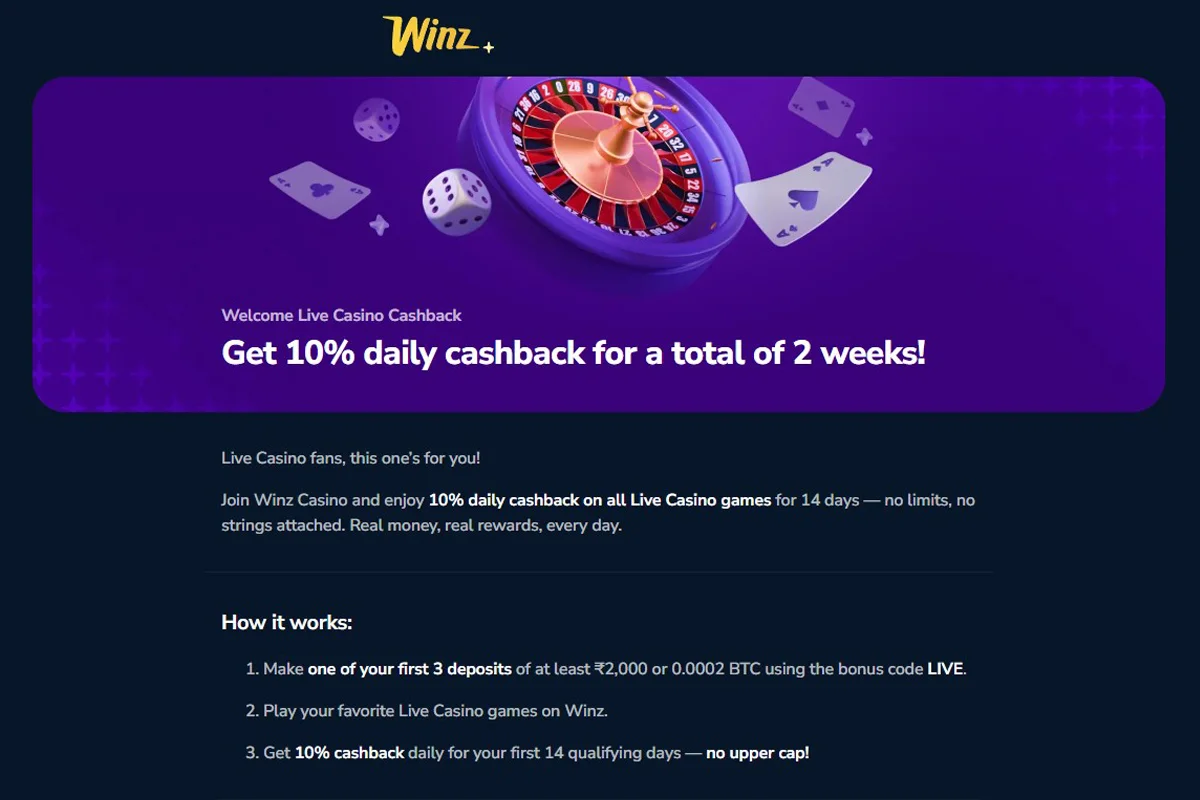 Live Winz.io cashback promo page captured during verification